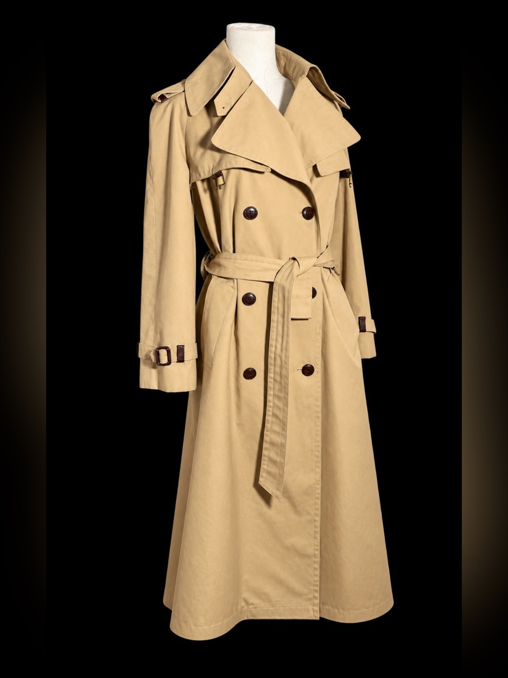 Vintage 70s Etienne Aigner Trench Coat Tan Leather Trim Belted M/L